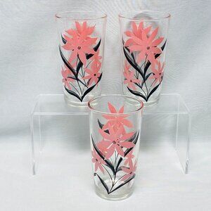 Vintage Floral Drinking Glasses With Pink Flowers & Black Leaves 10 Oz Set of 3